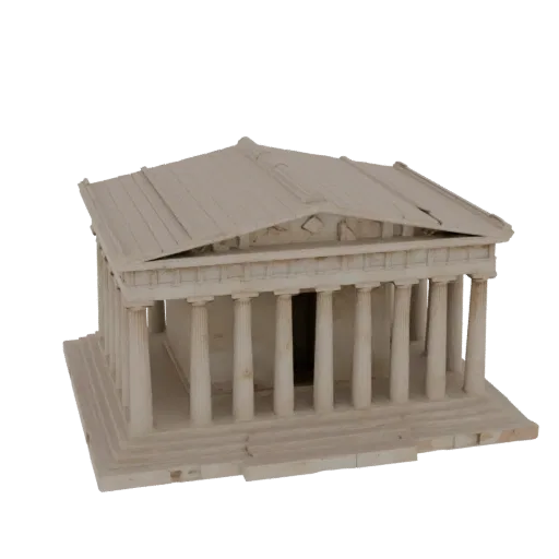 Modelo 3D do Parthenon, templo grego antigo com colunata e frontões triangulares, renderizado em cor neutra de pedra.