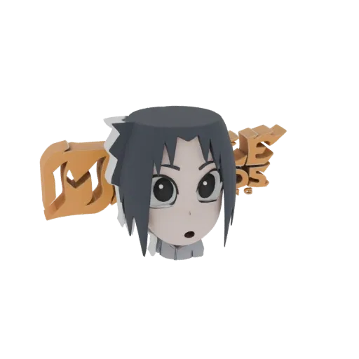 3D model of a chibi Sasuke Uchiha head with dark spiky hair and wide eyes, set against orange 'Legends' text.