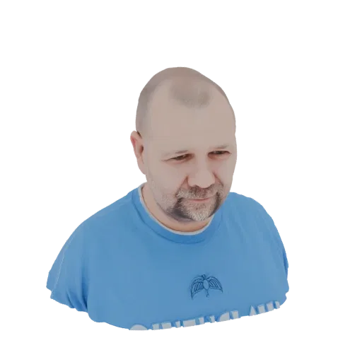 3D model render of a bald man with a beard, wearing a blue sweatshirt with a bird emblem, looking to the side.