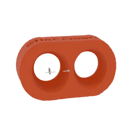 Ein 3D-Rendering eines orangefarbenen Objekts mit zwei verbundenen ovalen Öffnungen, präsentiert auf weißem Hintergrund.