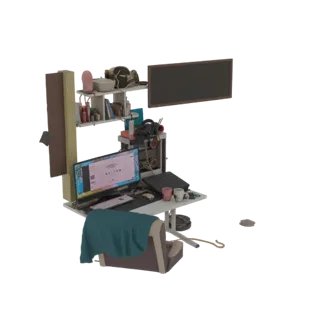 3D model of a modern gamer's desk setup, including a computer monitor, PC tower, gaming chair, and shelves with accessories.