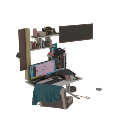 3D model of a modern gamer's desk setup, including a computer monitor, PC tower, gaming chair, and shelves with accessories.