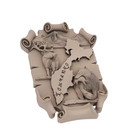 3D model of a Kamchatka relief plaque featuring a map, mountains, a deer, and a bear with a fish, framed by scrolls.