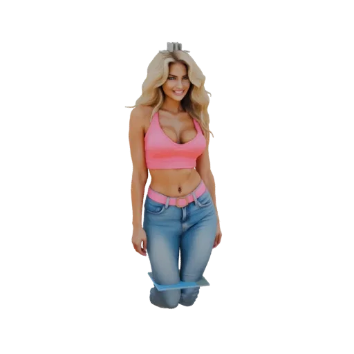 3D model of a smiling woman with blonde hair wearing a pink crop top and blue jeans, posed dynamically.