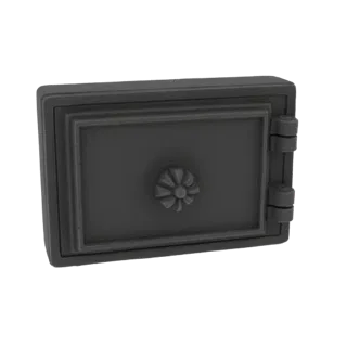 3D model of a dark gray vintage safe with a decorative circular dial and visible hinges on the right side, presented on a whi