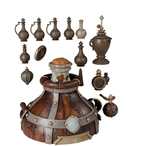 Royal Potion Bottle High Poly 3D model, close-up studio render, showing aged wood, clear pickup silhouette.