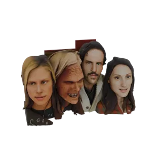 A 3D model render of a group of four horror-themed characters: a monstrous figure, a man with a mustache, and two women.