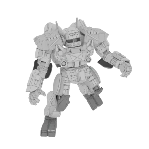 A detailed 3D model of a Heavy Mech Warrior, standing in a dynamic pose, with intricate armor and mechanical details.