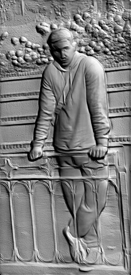 3D model of a young man bas-relief leaning on a wrought-iron railing, with detailed clothing and background.