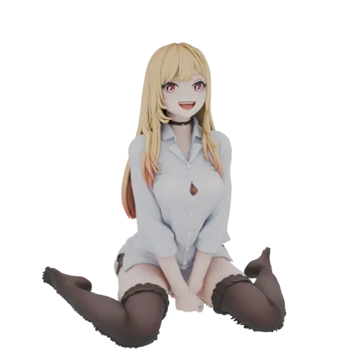 3D model of Marin Kitagawa from My Dress-Up Darling sitting down, wearing an open white shirt and thigh-high stockings, with