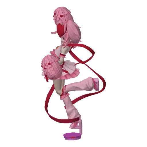 3D model of a pink-haired anime cheerleader in a dynamic pose, holding pink pom-poms, wearing a pink outfit with red ribbon a