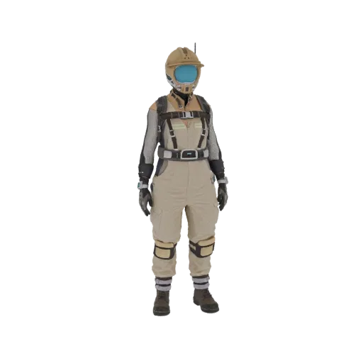 3D model of a Sci-Fi Explorer Suit with a tan and grey outfit, protective helmet with blue visor, and utility gear.