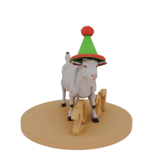 3D model of a white goat in a New Year hat with numbers 2021 on a podium, front view