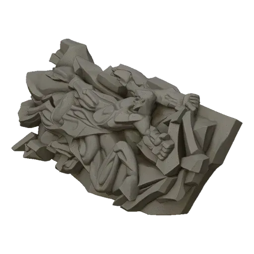 3D model of a dynamic figure in a bas-relief sculpture, rendered in a stone-like texture against a black background.