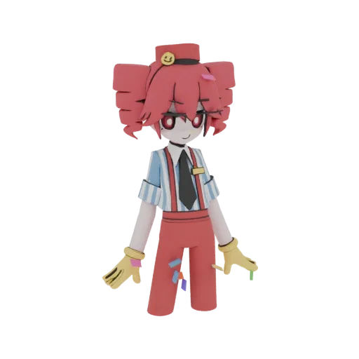 3D model of a claymation-style fast food worker with red hair, striped shirt, and yellow gloves, standing against a black bac