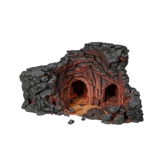 Lava Cave Chamber Realistic 3D model, three-quarter environment render, showing aged stone, lava channels.