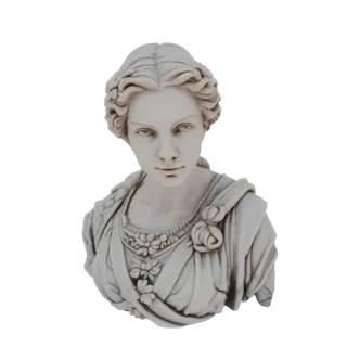 3D model of a classical woman's bust with intricate drapery and a floral necklace, rendered in a marble-like texture.