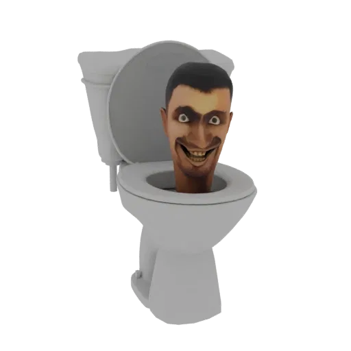 A creepy, grinning human face with wide eyes emerges from a white toilet bowl in this 3D model.