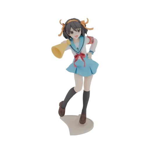 3D model of Haruhi Suzumiya anime character in school uniform holding a yellow megaphone, with a cheerful expression.