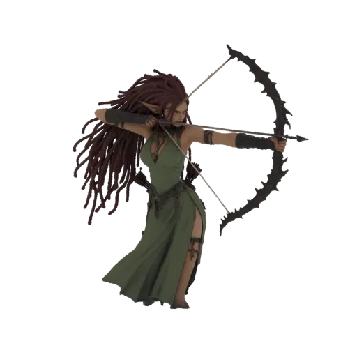 3D model of an Elven Archeress with dreadlocks, wearing a green dress and holding a bow, aiming forward.