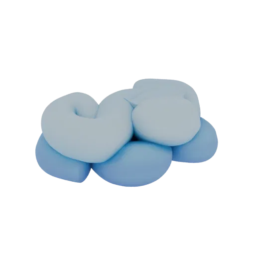 3D render of abstract, intertwined shapes in shades of blue and light blue, against a black background.