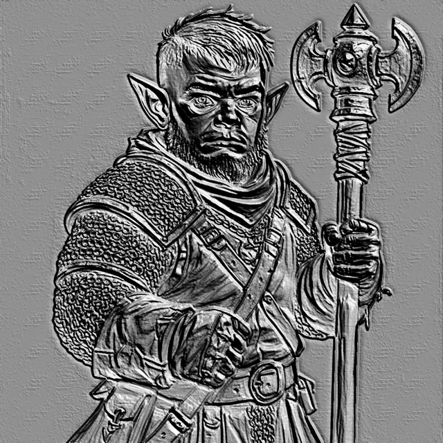 3D-Modell eines Fantasy-Zwergenkrieger-Basreliefs mit Axt, mit detaillierter Rüstung und Waffen.