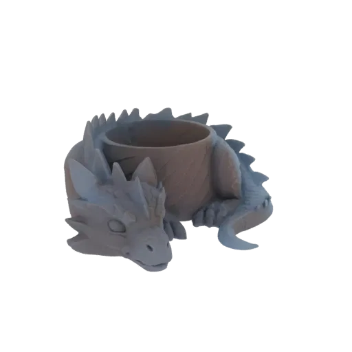 A 3D model render of a grey dragon curled around a planter, with its head resting near the planter's edge.