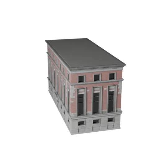 Modello 3D STL stampabile di Facciata in Pietra, vista isometrica, che mostra materiali della facciata dell'edificio e dettag