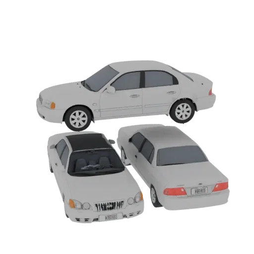 Um modelo 3D de um Kia Magentis sedan branco, visto de um ângulo ligeiramente elevado.