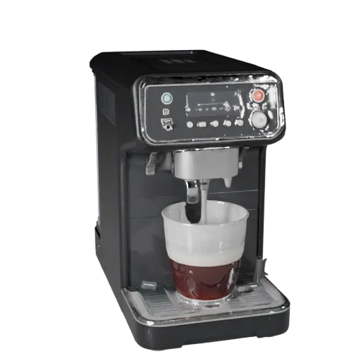 Compact Coffee Machine 3D model, dining room, three-quarter front view, Unity viewport, plastic detail.