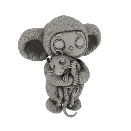 3D model of a grey, stylized creature with large ears, wearing a hooded garment, sadly embracing a deceased rat.