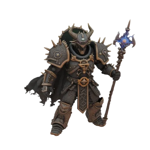 3D model of a Chaos Sorcerer of Tzeentch in spiked baroque armor, holding a crackling warp staff, with a horned helmet and ta