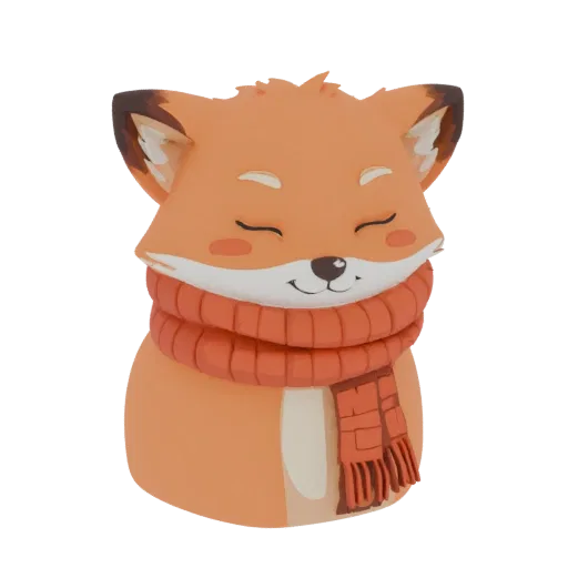 3D model of a cute cartoon fox wearing an orange scarf, with its eyes closed and a peaceful expression.