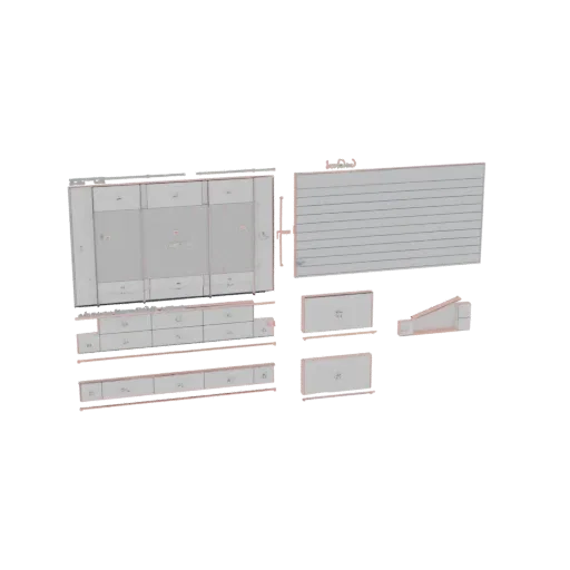 3D-Modell-Vorschau eines modularen Wandsystems mit mehreren Regal- und Schrankelementen in moderner Konfiguration.