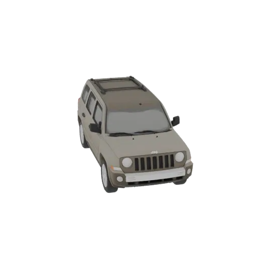 3D model of a tan Jeep Patriot SUV viewed from a slightly elevated front-right angle, against a white background.