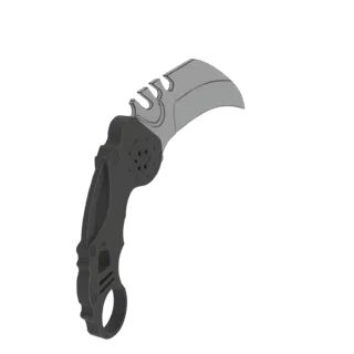 3D model of a tactical karambit knife with a curved grey blade and a black ergonomic handle featuring a finger ring.