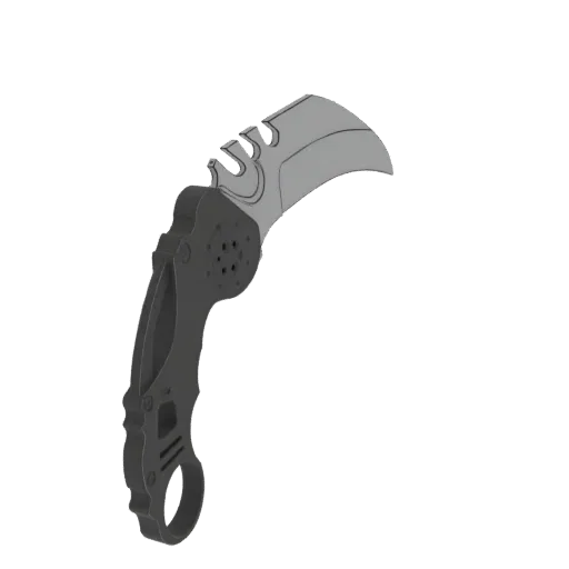 3D model of a tactical karambit knife with a curved grey blade and a black ergonomic handle featuring a finger ring.
