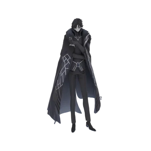 3D model of a dark cloaked figure with geometric patterns on the cloak, standing with arms crossed.