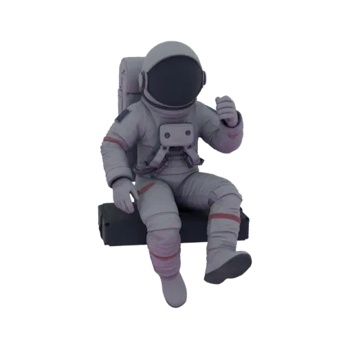 3D model of an astronaut wearing a white spacesuit and helmet, sitting down with one hand raised.