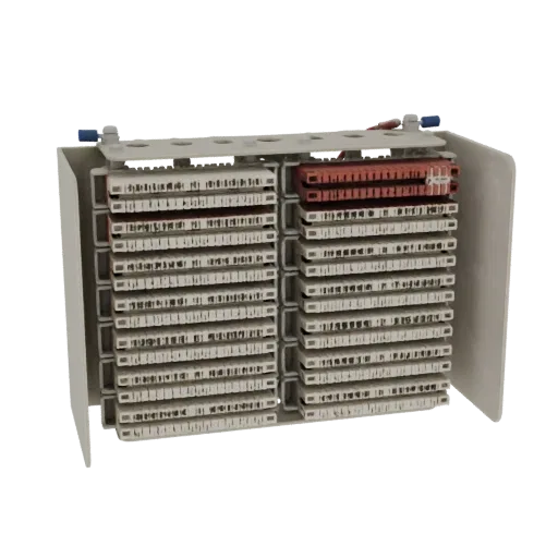 3D model of a telephone patch panel with multiple white and red connection blocks mounted on a gray frame.