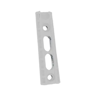 Render 3D de un soporte de estante de plástico blanco con tres recortes ovalados, aislado sobre fondo blanco.