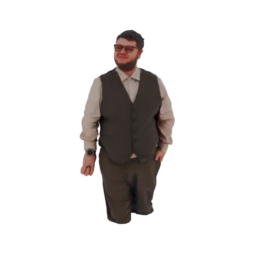 3D model of a man wearing glasses, a dark vest, light shirt, and brown pants, standing with one hand in his pocket.
