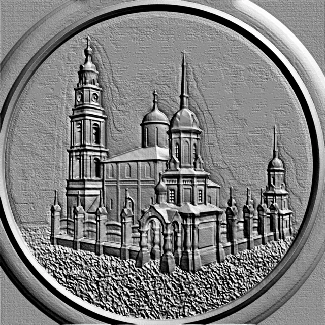 3D model of Orthodox church bas-relief with domes and bell tower, in grey