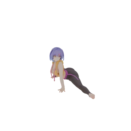 Modèle 3D de fille anime aux cheveux violets en pose de yoga, portant un crop top jaune et un legging sombre.