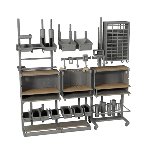 Garage Parts Rack Stylized 3D model, stylized isometric render, showing steel frames, stable fixtures.