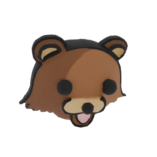 A 3D render of a cute, stylized bear head with large black eyes, a pink tongue, and brown fur, set against a white background.