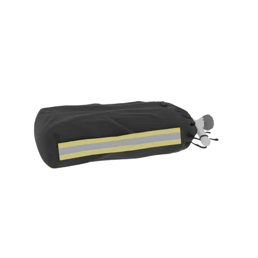 Modelo 3D de saco com cordão preto com faixa refletora prateada e acabamento amarelo, fechado com um cordão branco.