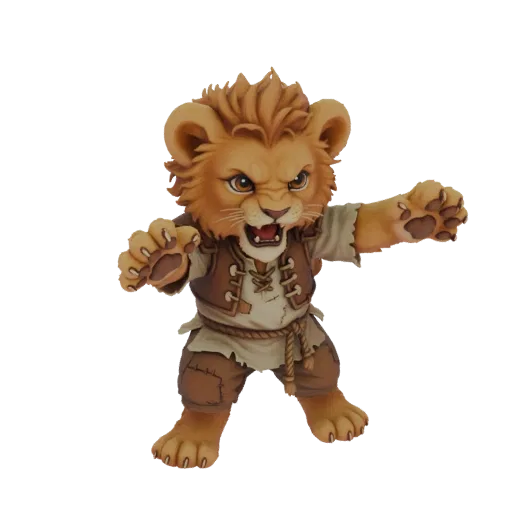 3D model of a fierce lion cub warrior with a determined expression, wearing adventurer's clothes and baring its claws.