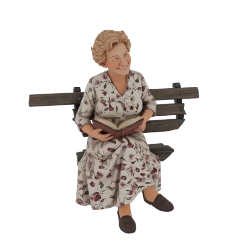3D model of a smiling elderly woman with curly hair, wearing a floral dress and reading a book while sitting on a wooden park