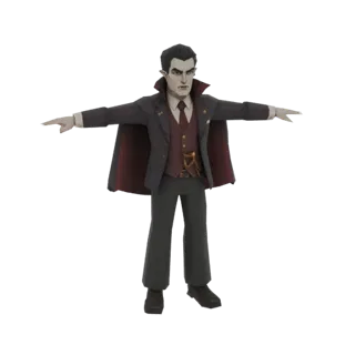 3D-Modell eines Gotischen Vampirfürsten in T-Pose, trägt einen dunklen Anzug, eine rote Weste und einen fließenden, karmesinr